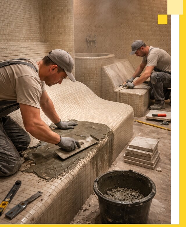 Лежаки для хамама под ключ в Муре, проект и монтаж